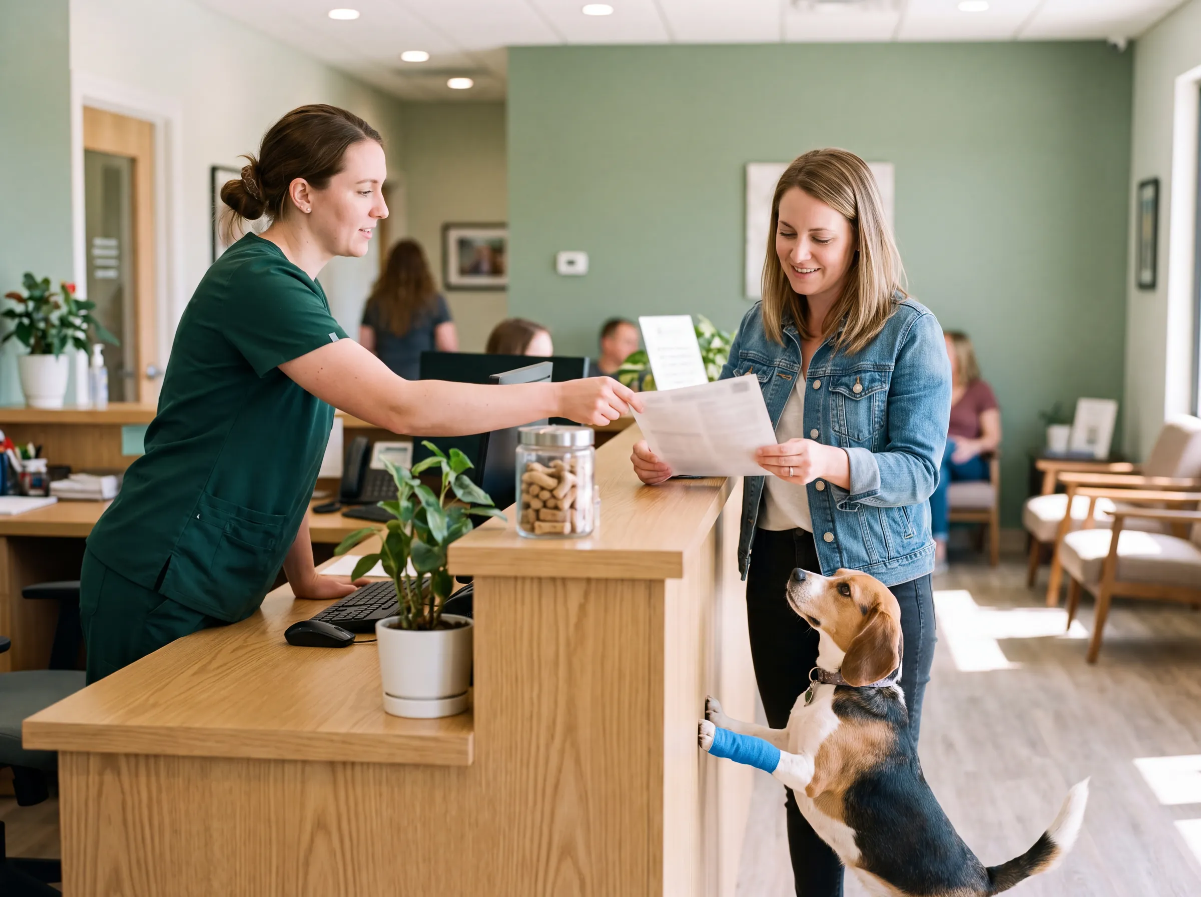 A technician hands a smiling owner her discharge instructions while her bandaged beagle looks up