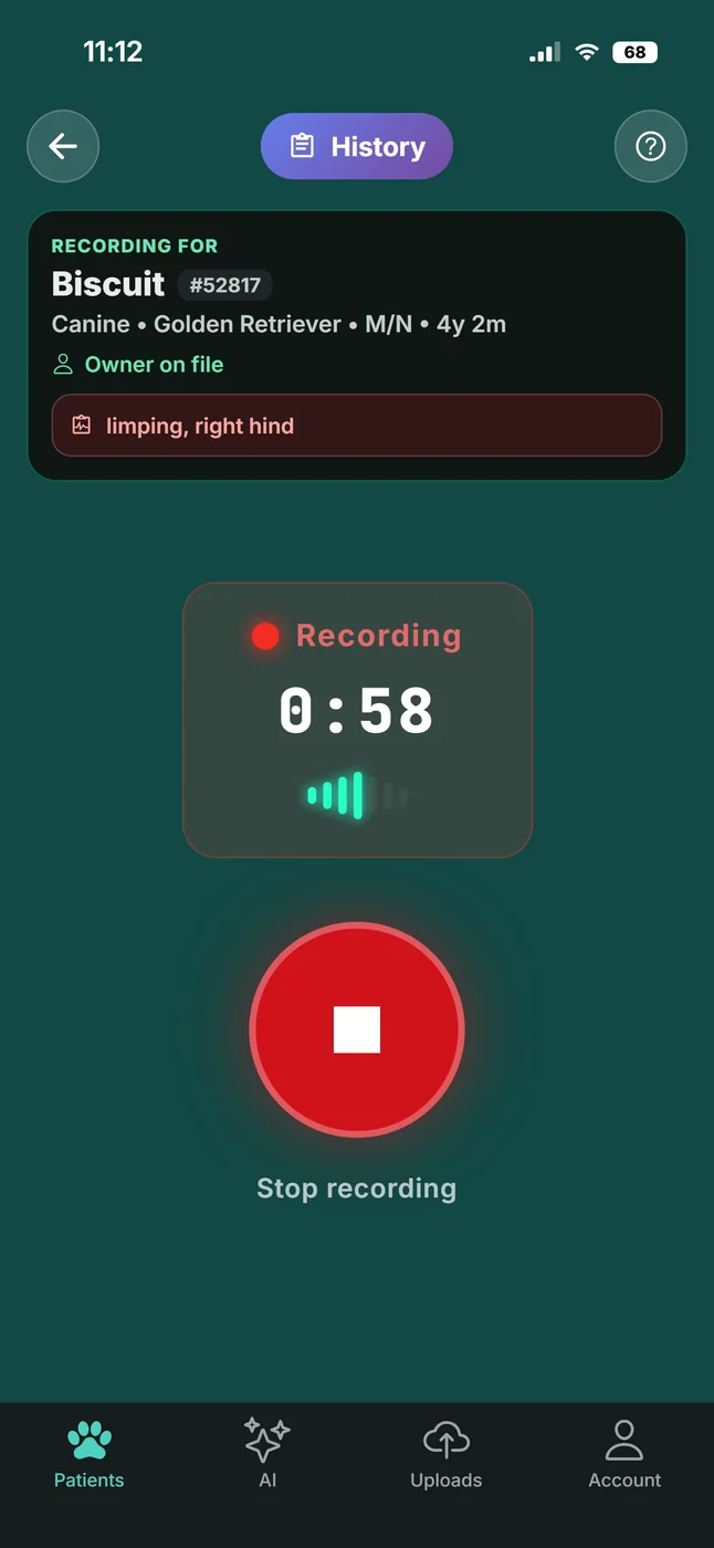 Recording a patient history in VetGeni, timer at 0:58